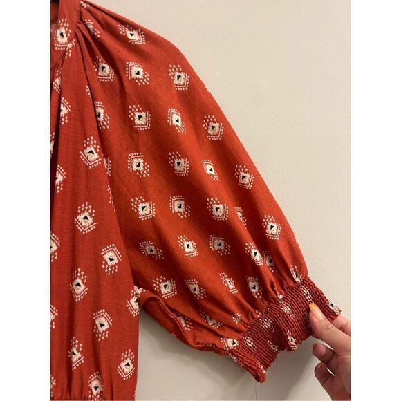 Anthropologie Boho Rust Red Smocked Waist Midi Dress sz S Petite – Geometric Blo - Picture 11 of 15